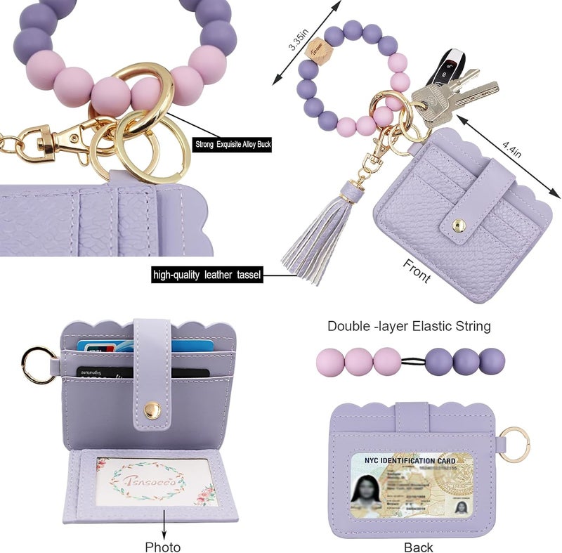 TSNSOEEO Keychain Wallet Wristlet Small Credit Card Holder Bracelet Key Chain Purse Bangle Tassel Beads Key Rings for Women - Image 3